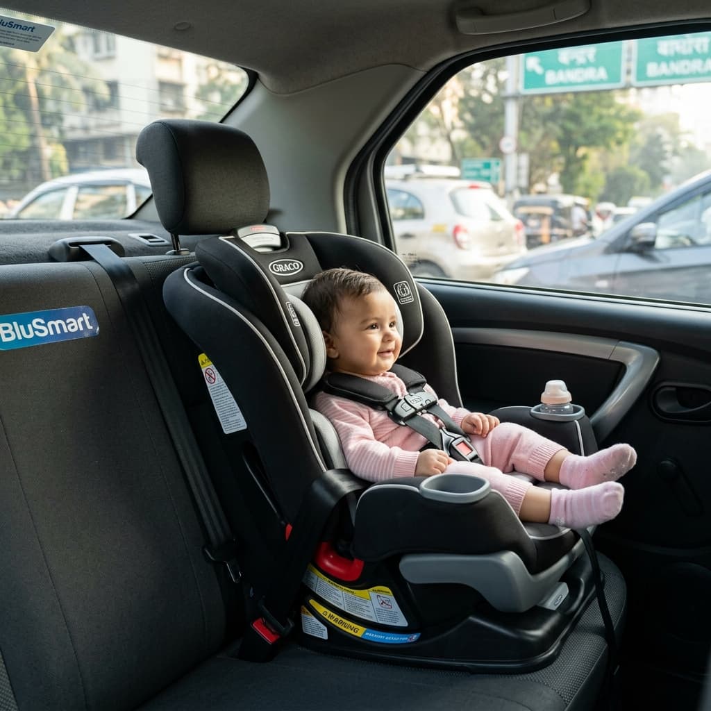 Clean baby car seat installed in a cab for airport transfer
