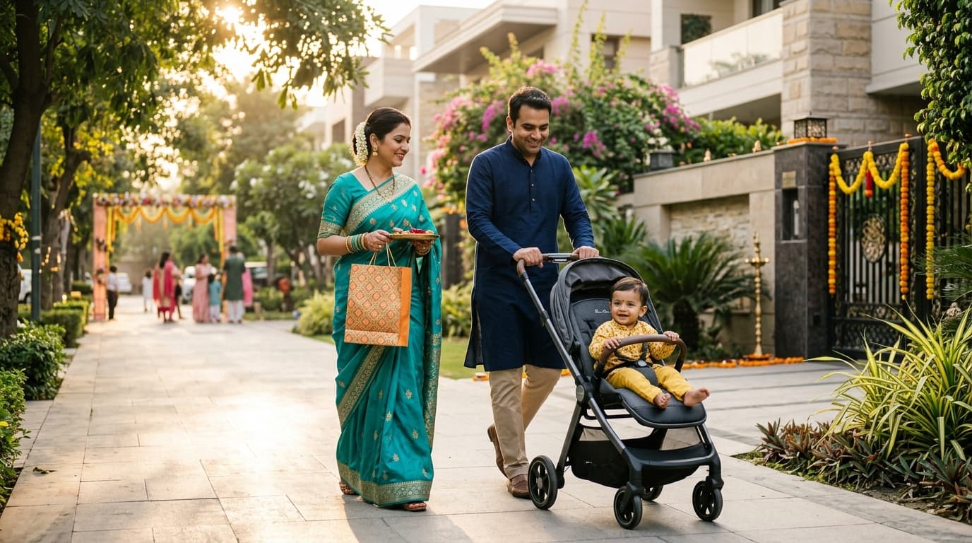 Modern Indian parents strolling comfortably with a compact baby stroller during festive Bhai Dooj family visits