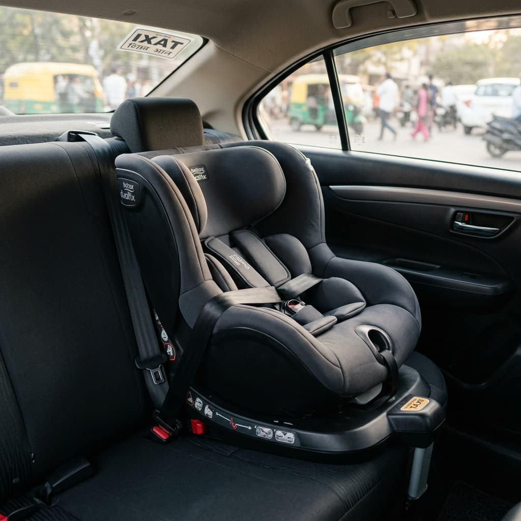 Baby sitting safely in a car seat inside a taxi cab