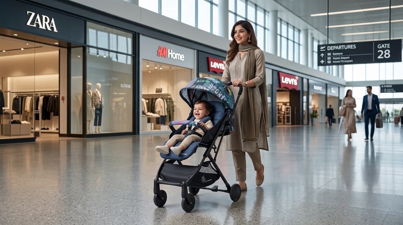 Parent pushing 20 kg capacity Cabin Plus stroller with older toddler in Delhi airport and mall