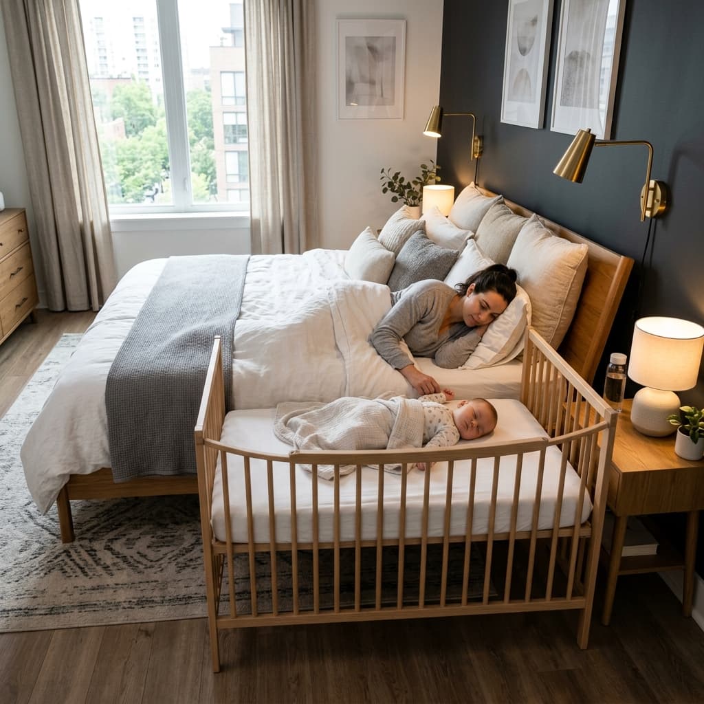 A wooden baby cot set up adjacent to a master bed as a side-car sleeper