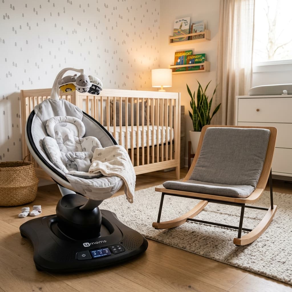 An electric baby swing next to a manual baby rocker chair in a baby nursery