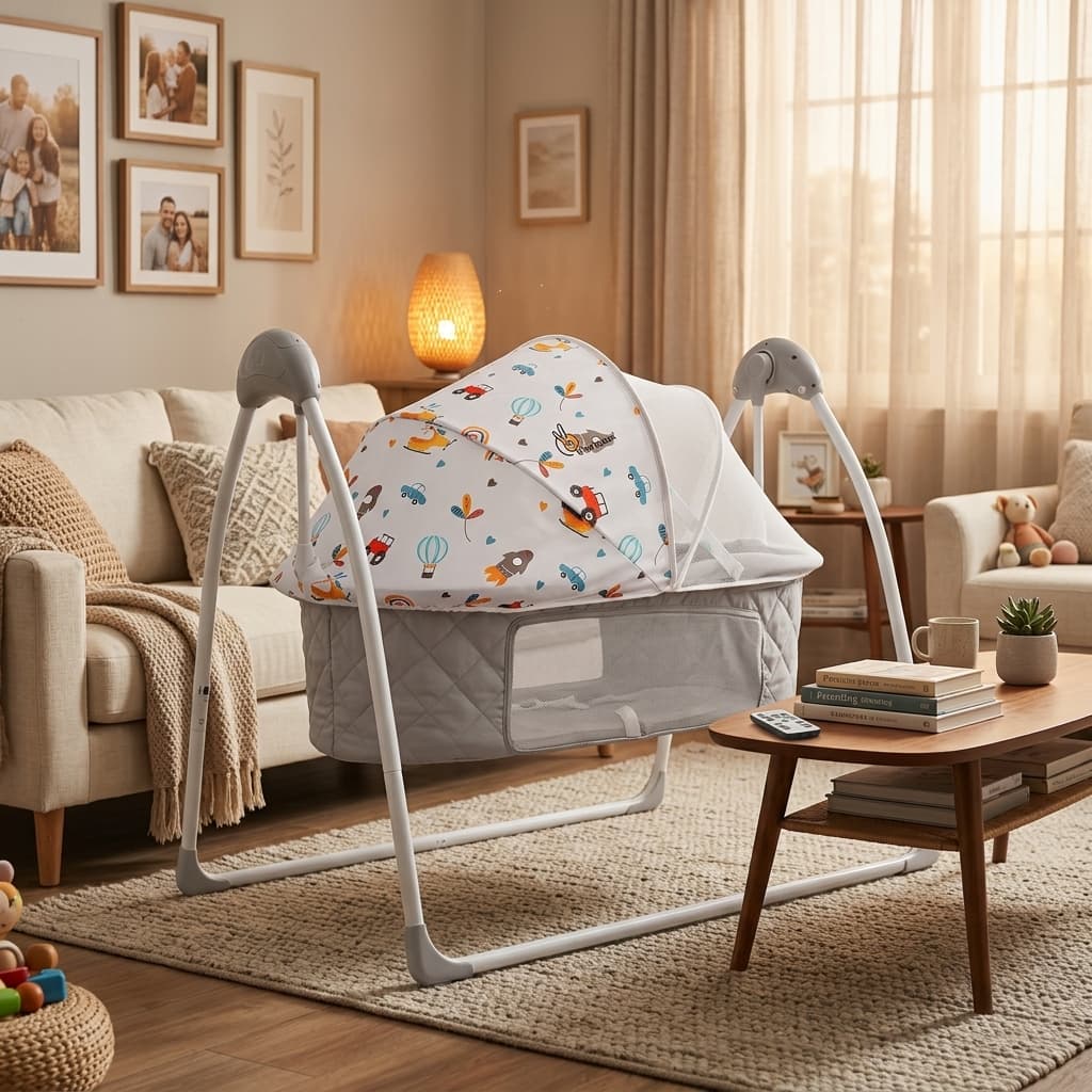 Automatic baby swing with remote control set up in a living room