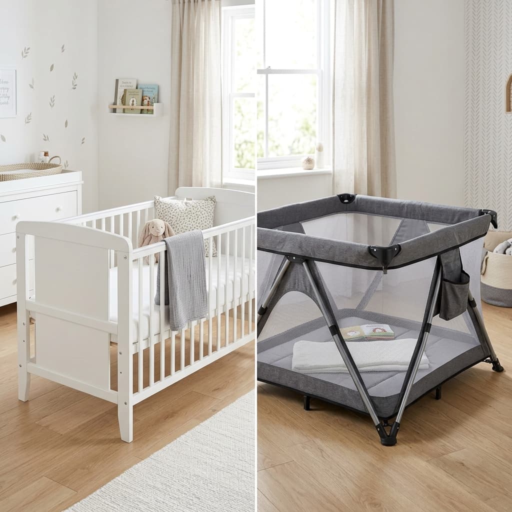 Side by side comparison of a wooden baby cot and a foldable playpen bed