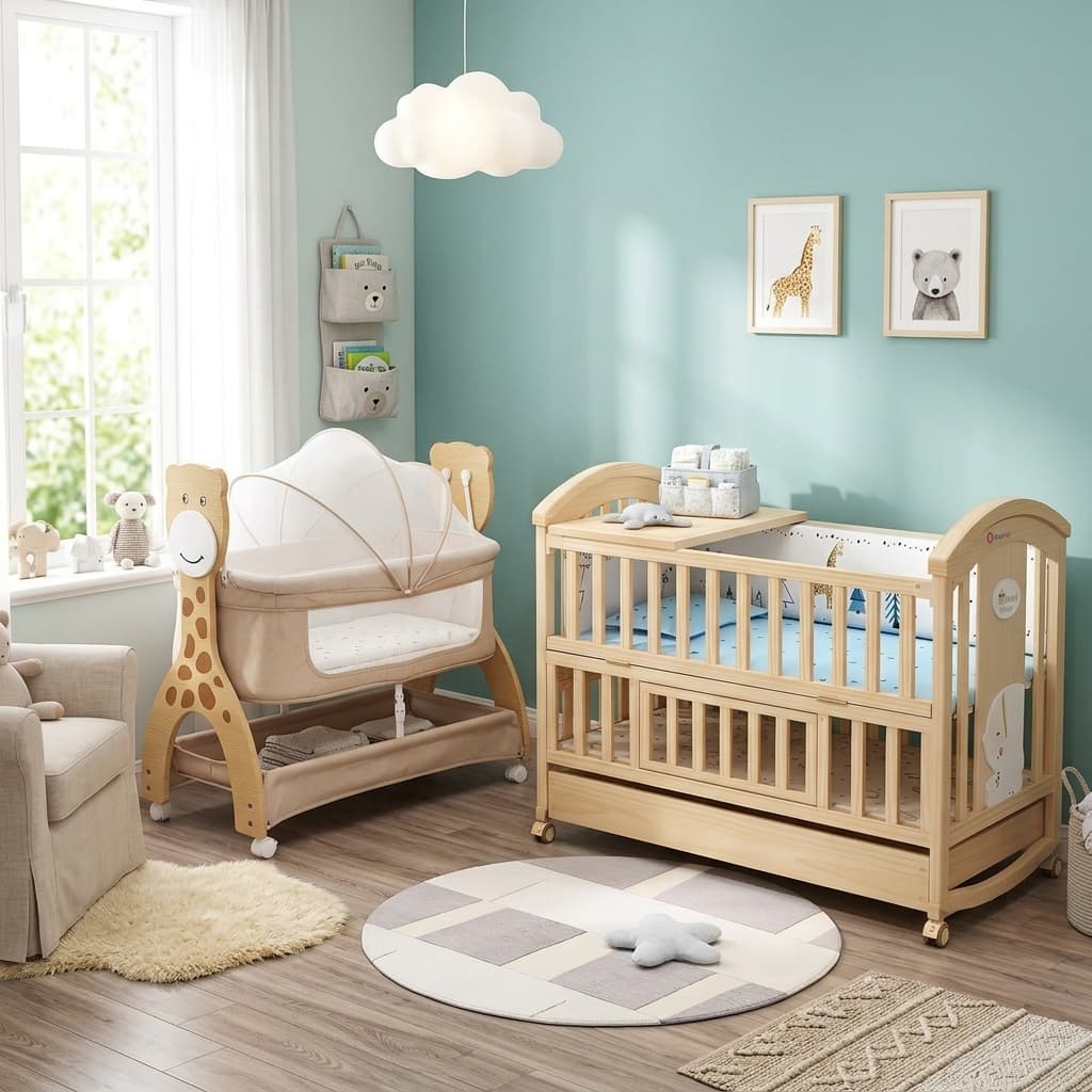 Safety-approved baby cot and playpen in a room