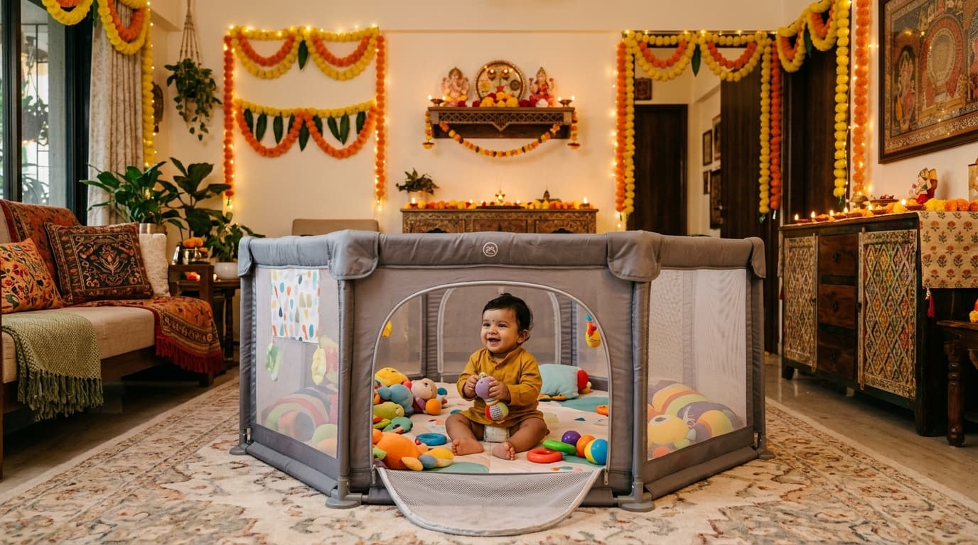 Happy Indian baby playing safely inside a spacious modern playpen during Diwali living room home puja