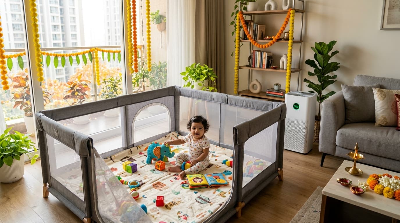 Baby playing safely inside large mesh playpen with air purifier during Delhi festive season