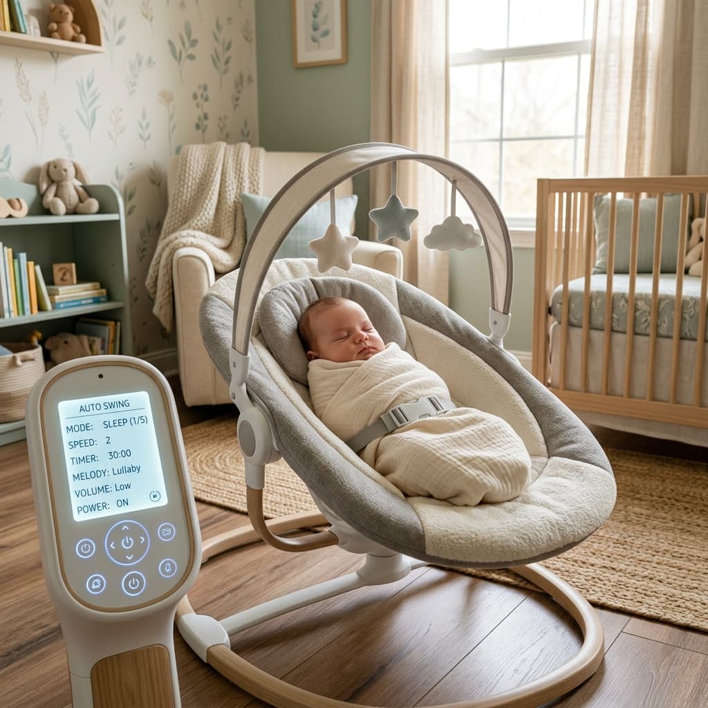 Automatic remote control baby swing soothing a calm newborn baby at home