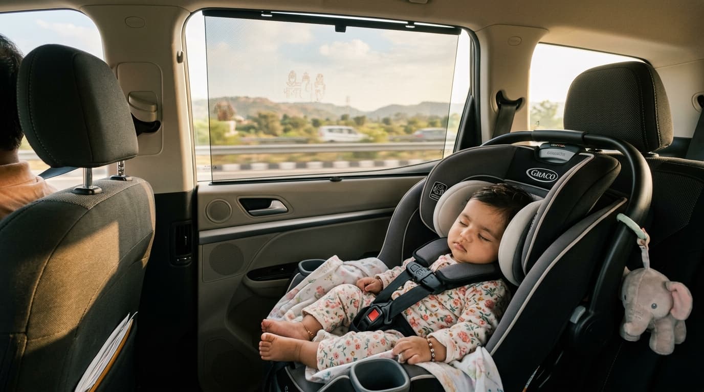 Rear-facing ISOFIX baby car seat installed in vehicle on Delhi NCR highway during festive trip