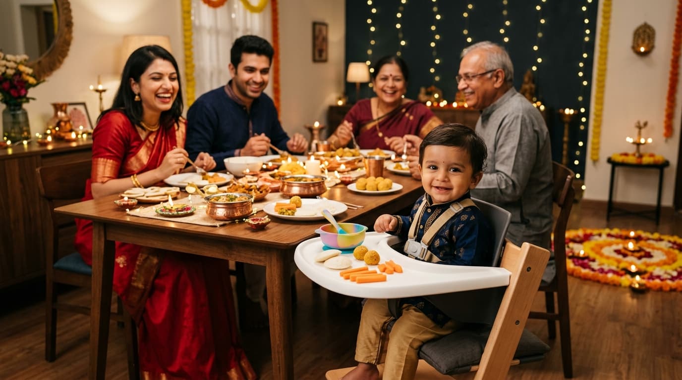 Indian family enjoying Diwali dinner with toddler safely buckled into a modern high chair