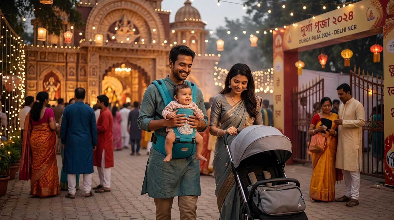 Parents navigating crowded Delhi NCR festive melas with baby carrier and compact cabin stroller