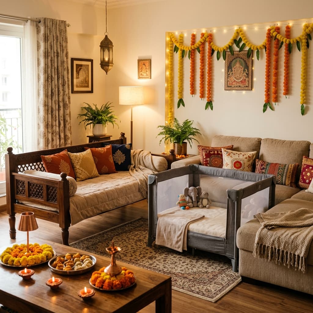 Cozy temporary nursery setup with wooden cot and playpen during festive season in India