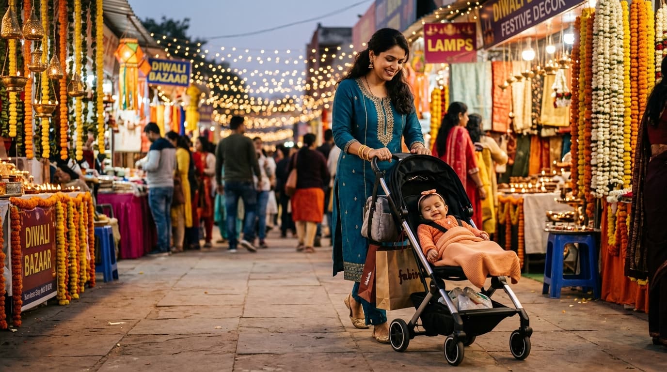 Mother pushing an ultra-compact baby stroller through illuminated Diwali festival market in Delhi NCR
