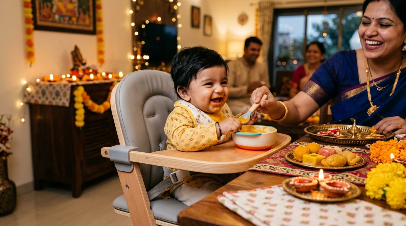 Happy 9-month-old Indian baby sitting securely in an ergonomic high chair enjoying baby-safe festive food puree