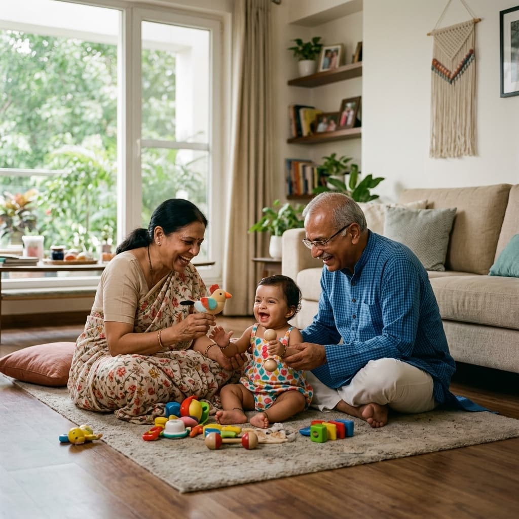 Grandparents playing with baby at home