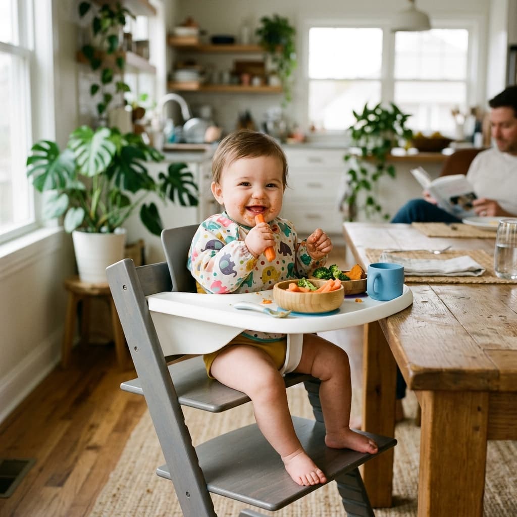 6-month old baby enjoying solid weaning food seated safely in a high chair