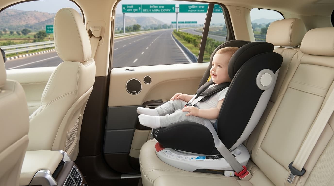Certified ISOFIX baby car seat installed in vehicle on Delhi NCR expressway road trip