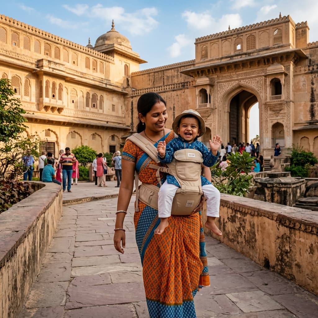 Parent wearing ergonomic hip seat carrier while sightseeing at a historic Indian monument