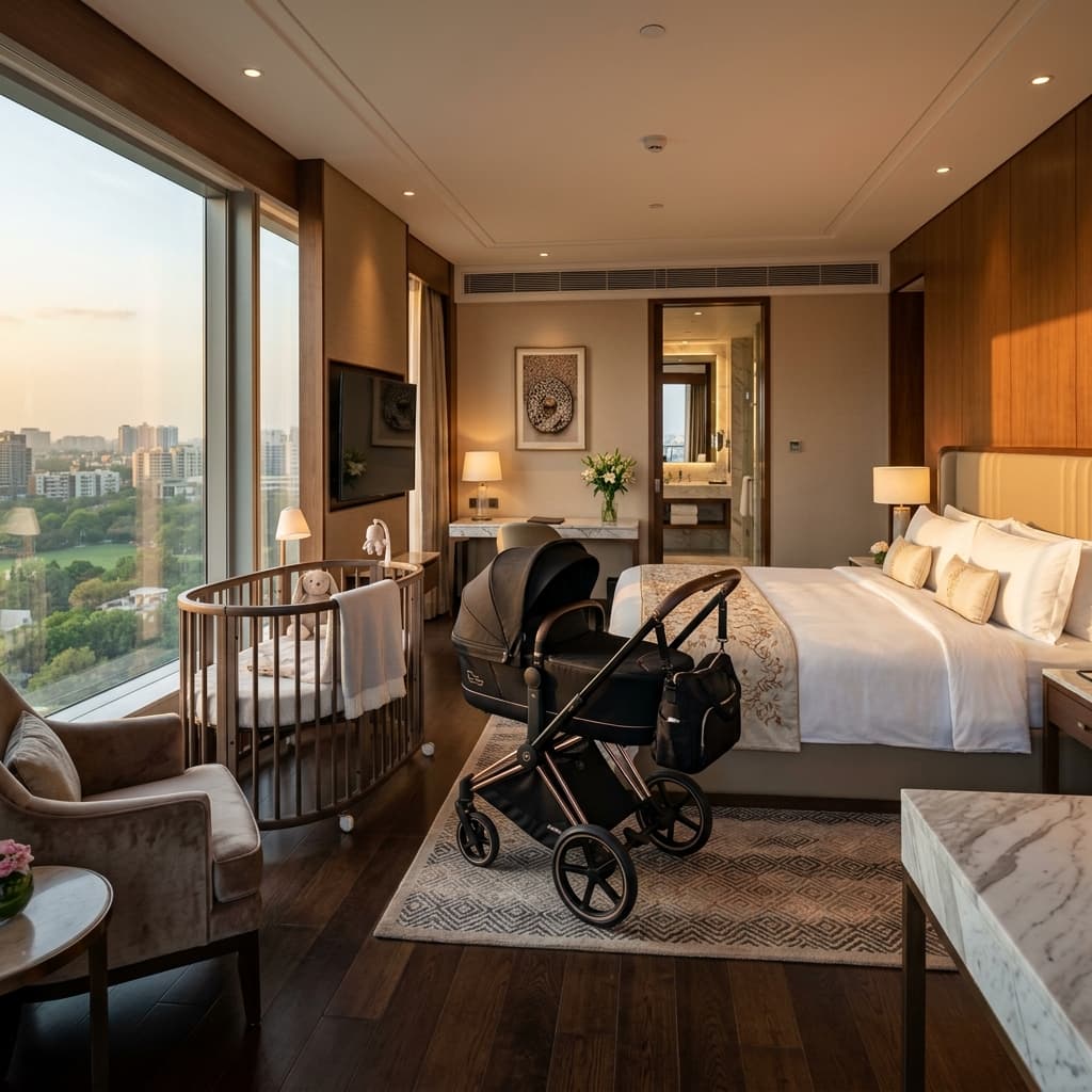 Hotel room with rented baby crib and stroller