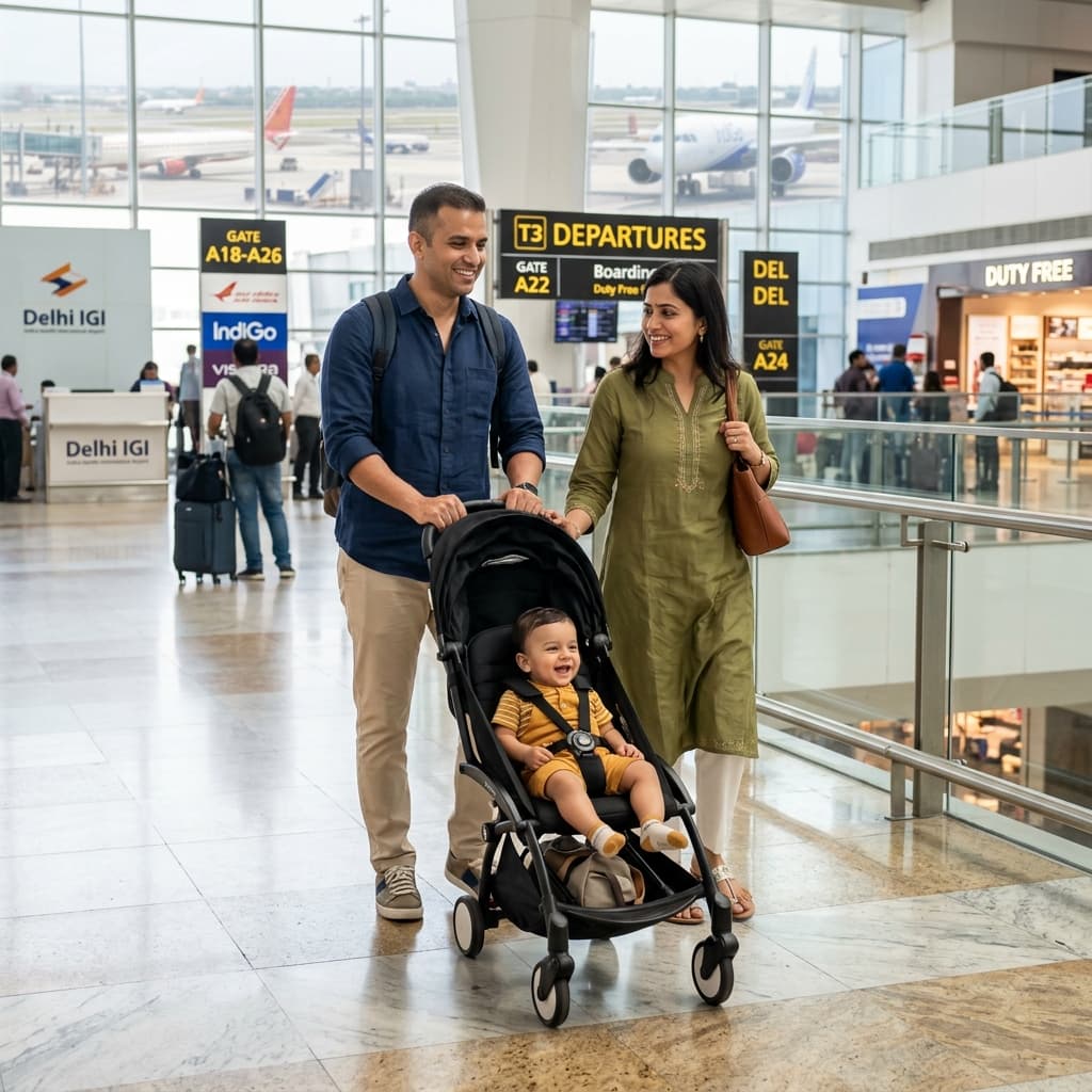 Parents pushing an ultra-compact cabin stroller through Delhi IGI Airport terminal