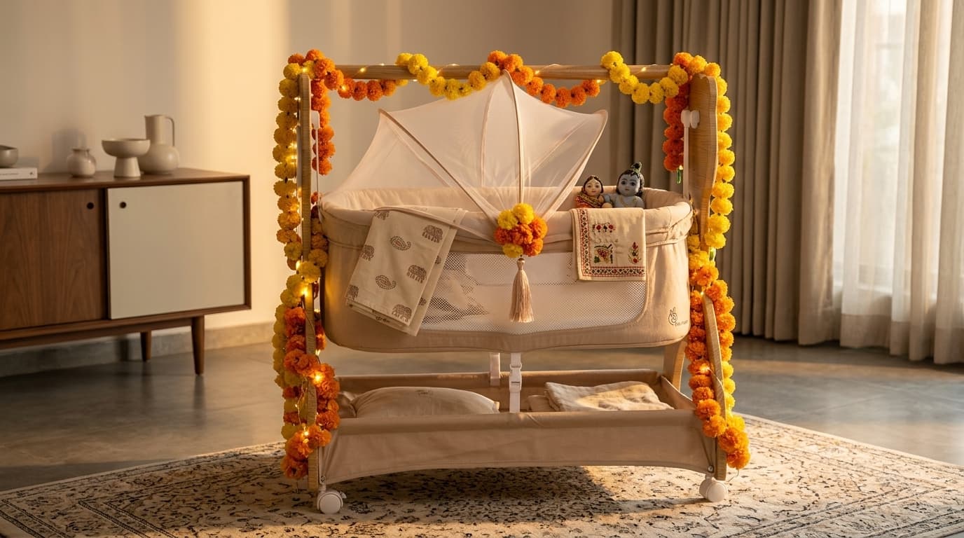 Traditional wooden baby jhula and cradle setup with festive marigold decoration in Delhi NCR home
