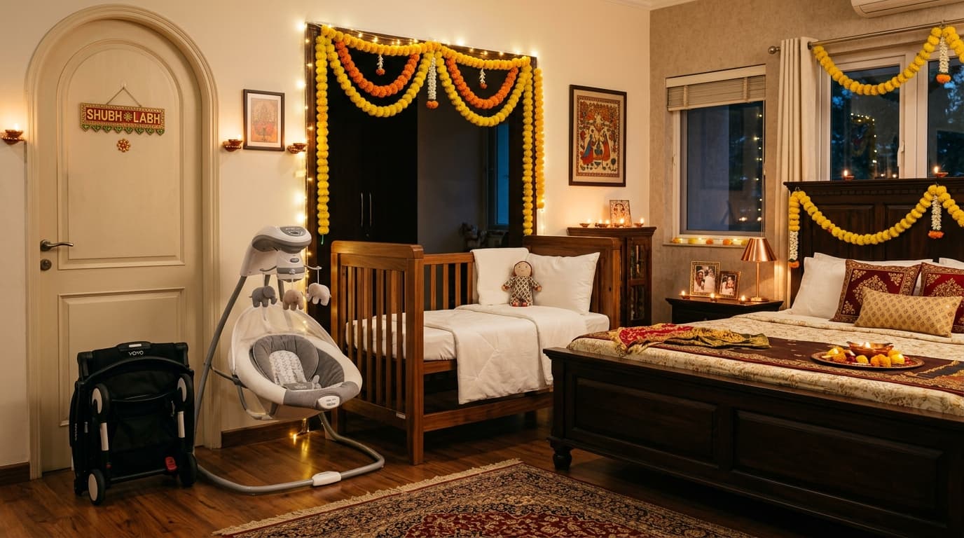 Temporary baby nursery with rented wooden cot, automatic swing and stroller at Indian ancestral home for Diwali