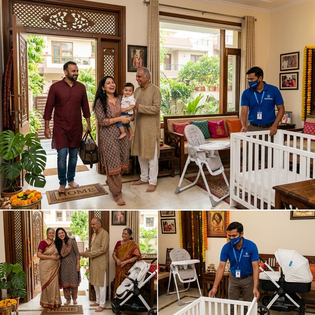 NRI parents arriving at airport with baby gear suite delivered by HomieHyra