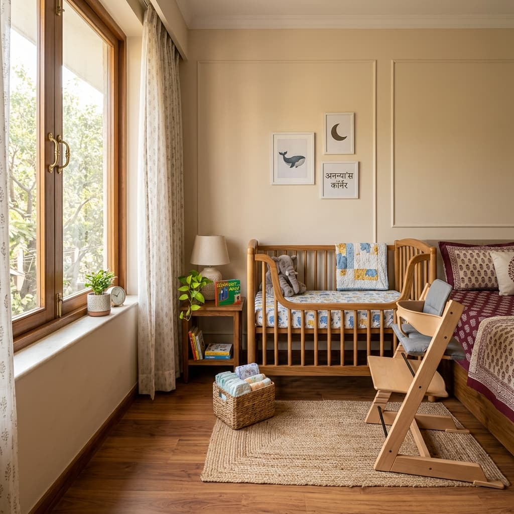 A temporary baby nursery setup with a wooden cot and high chair in an Indian bedroom