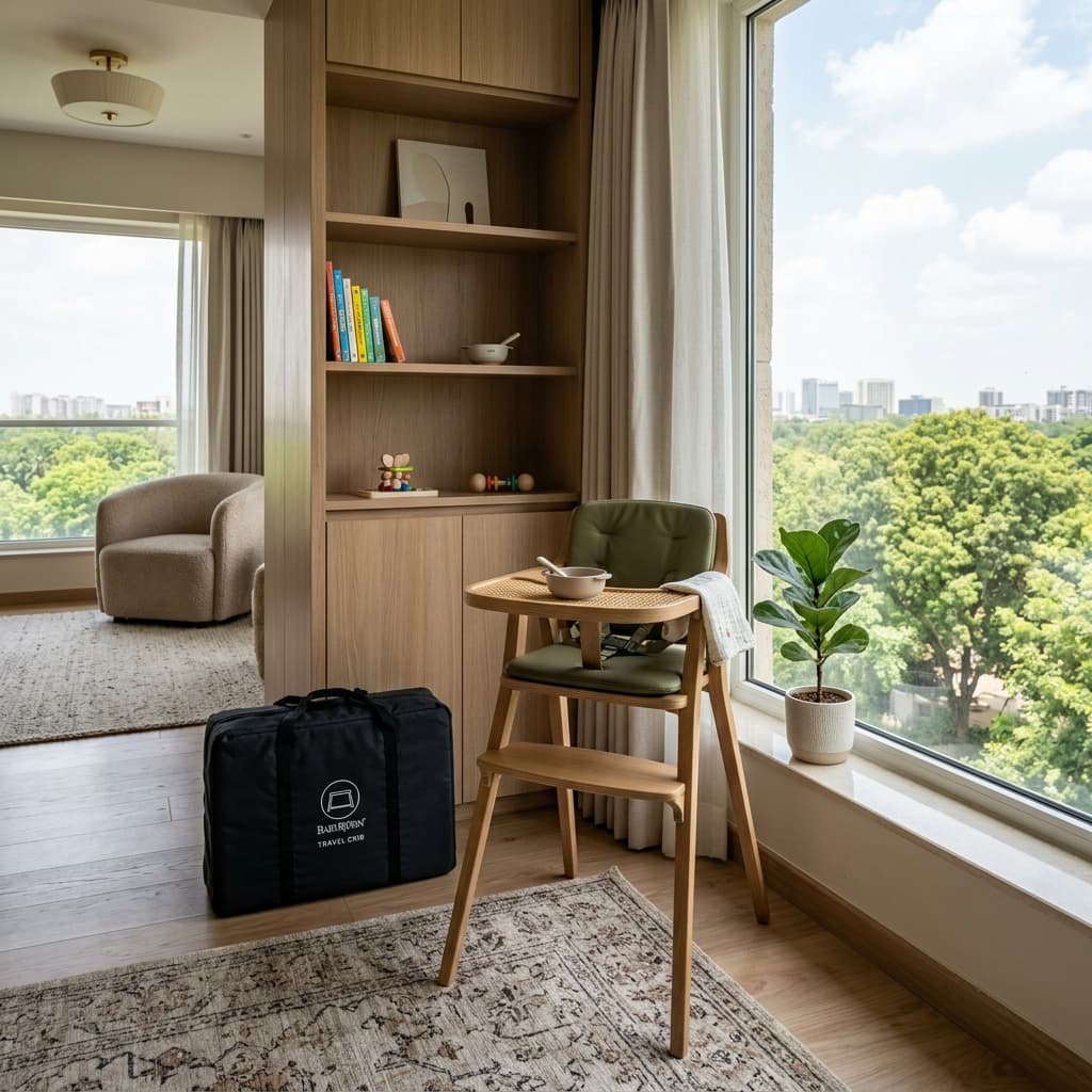 Premium wooden baby high chair at a clean dining area in a modern apartment