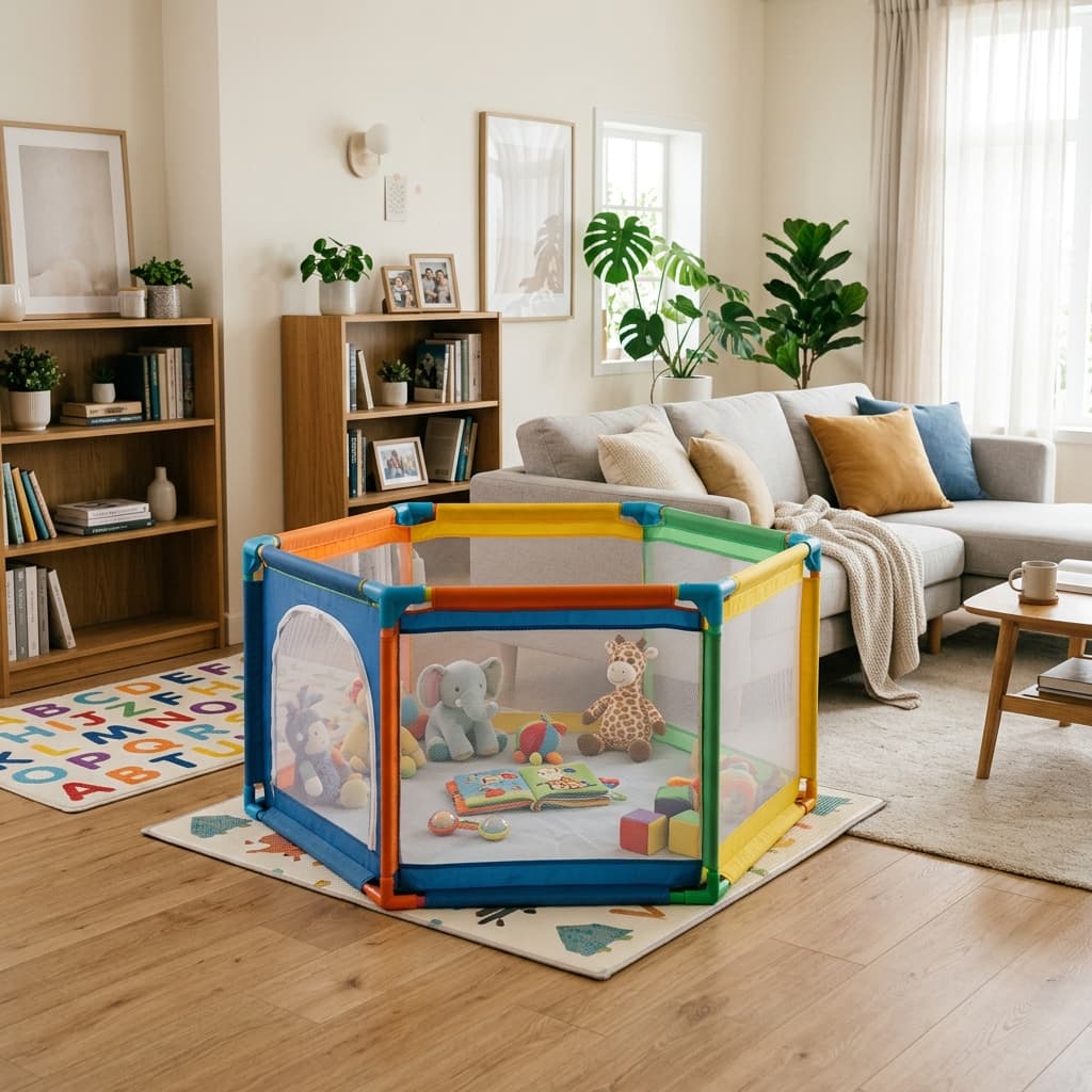 A child playing safely inside a colorful mesh playpen in a family living room