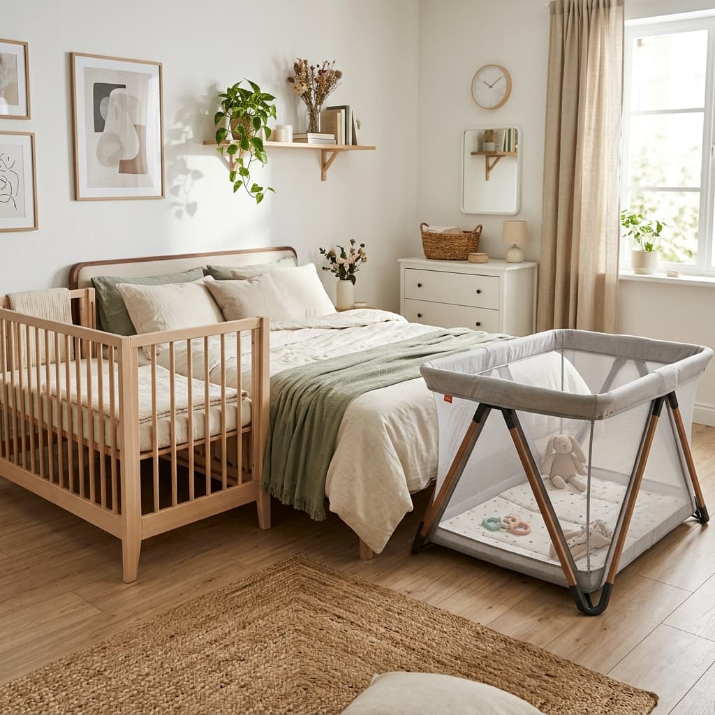 A wooden cot and a mesh playpen set up in a bright bedroom