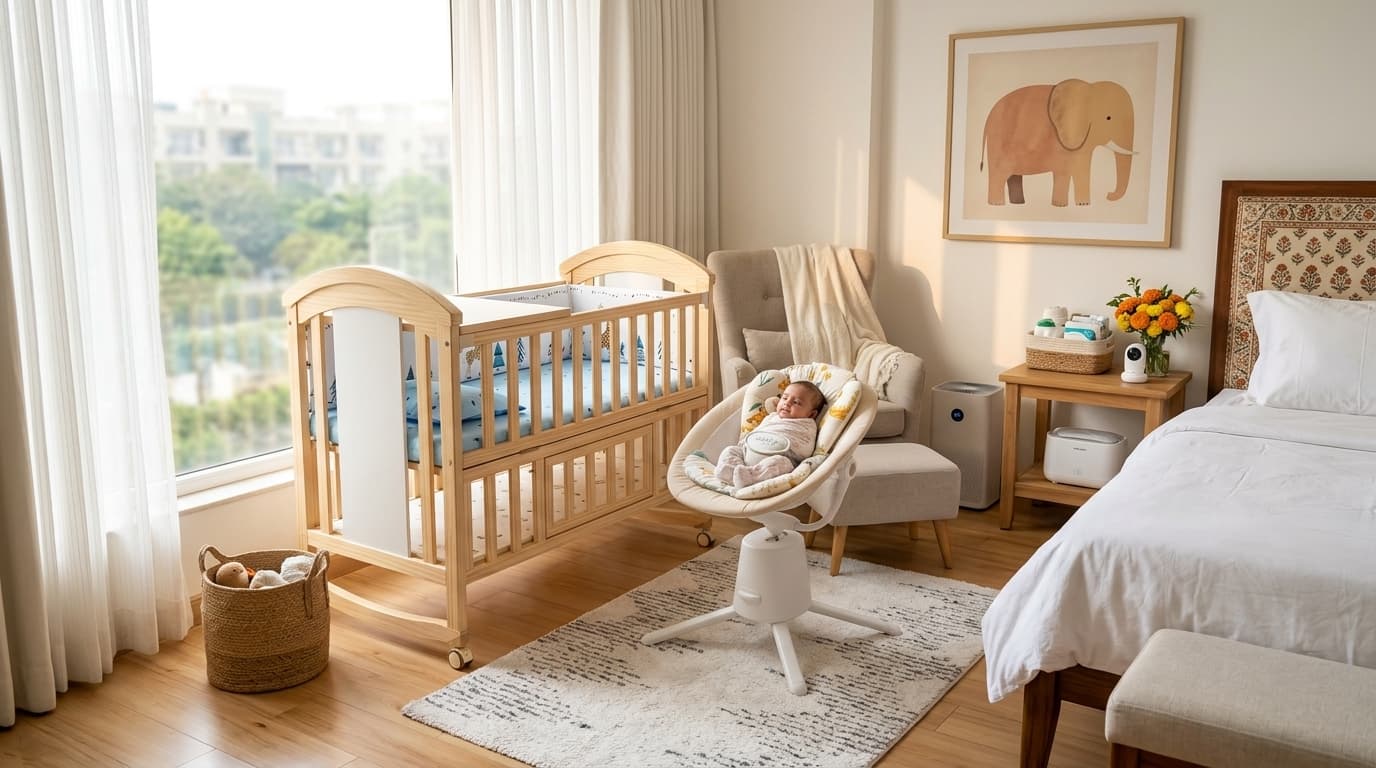Ergonomic 40-day postpartum newborn recovery nursery setup with wooden cot and soothing rocker in Delhi NCR
