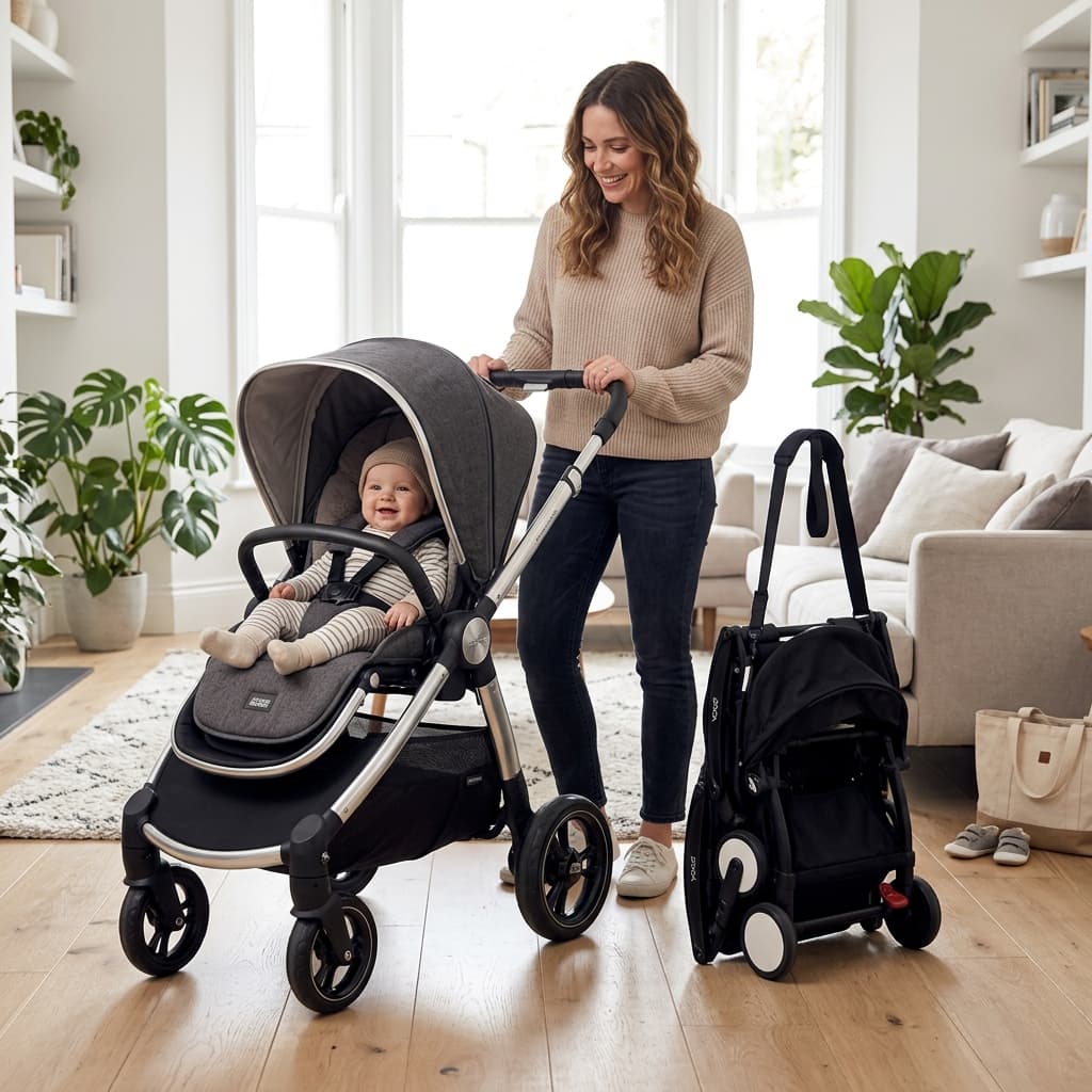 Reversible handle stroller next to a folded compact cabin stroller