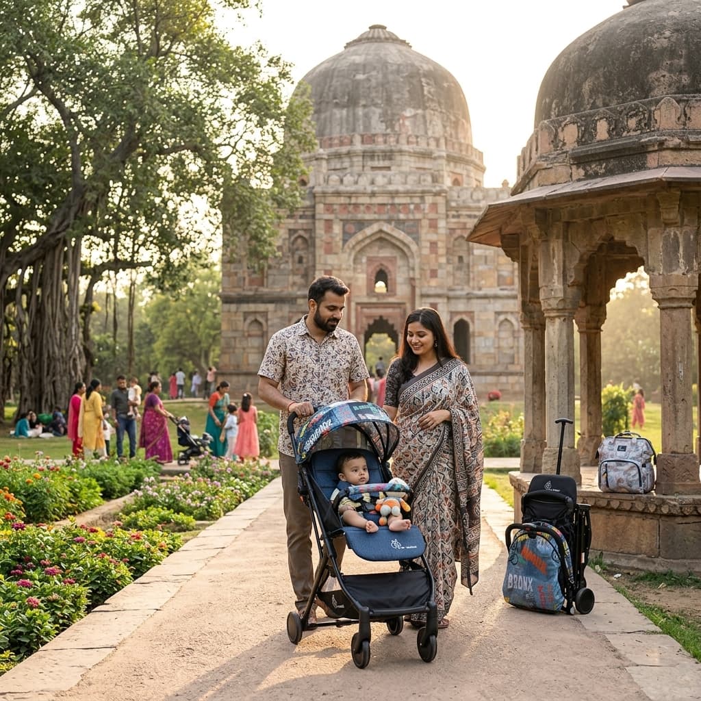 Parents strolling with a baby in a Delhi NCR park
