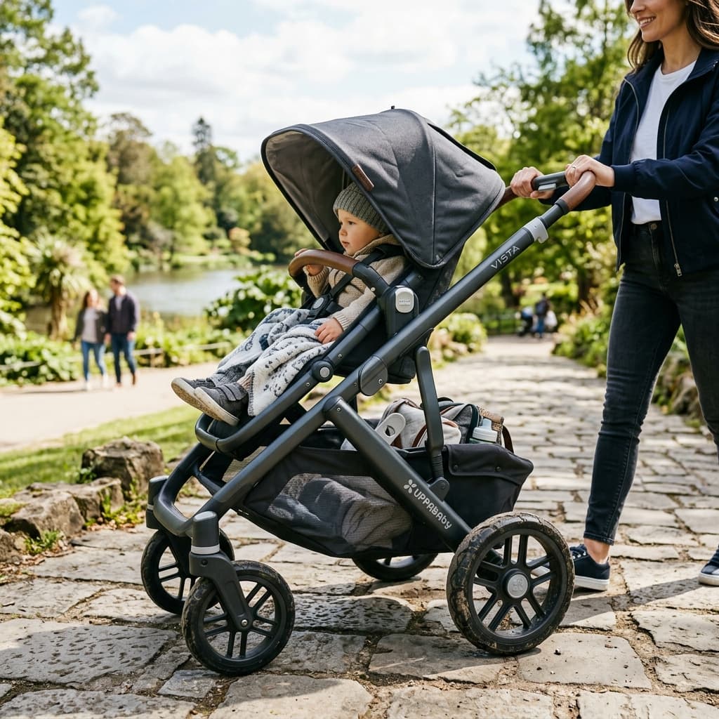A sturdy premium stroller navigating an outdoor path