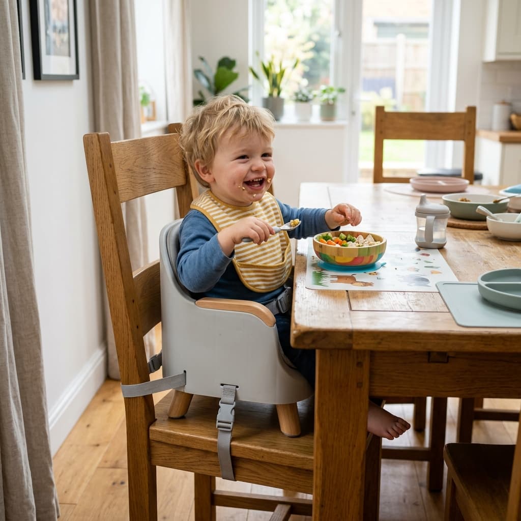 Toddler sitting in a booster feeding chair pulled up to a family dining table