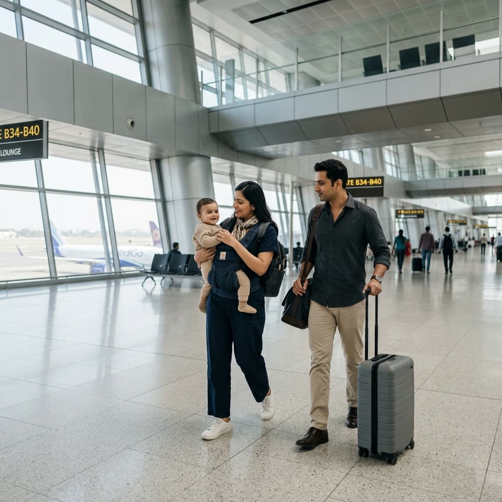 Indian family traveling with baby at the airport