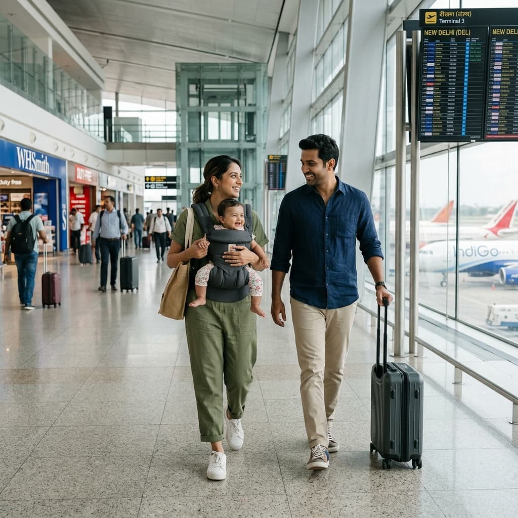 Parents traveling light at the airport with a baby