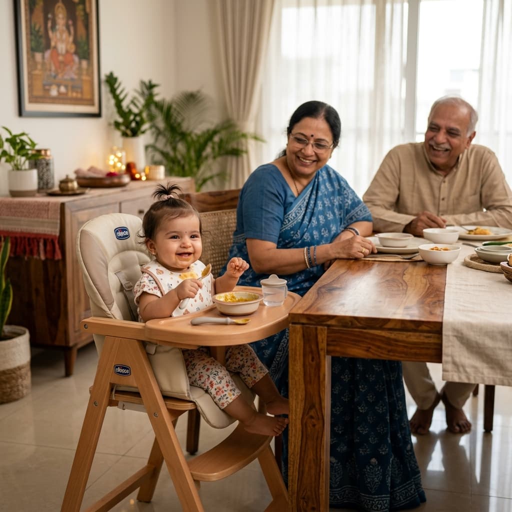 Padded baby high chair positioned next to a wooden dining table