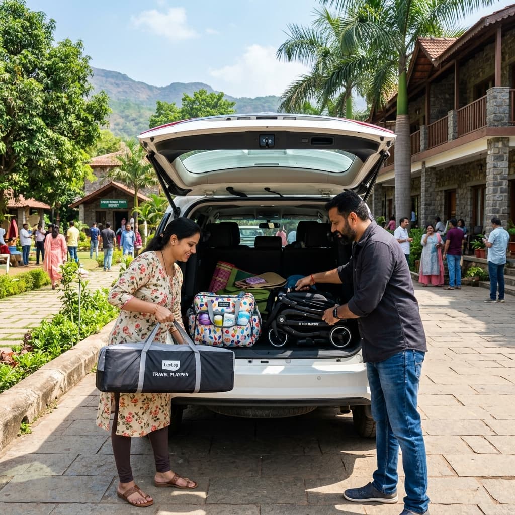 Family packing car trunk with portable playpen and car seat for a weekend getaway from Delhi