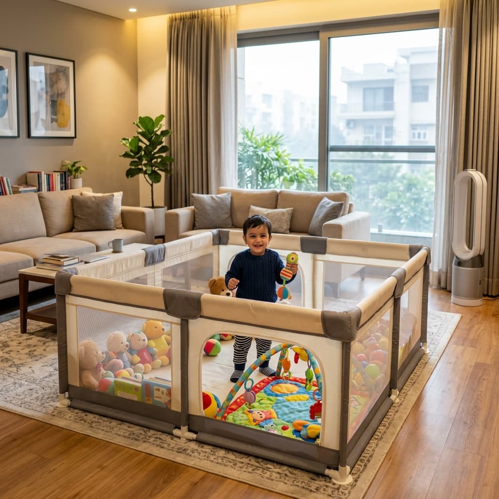 Baby playing safely inside a large padded playpen indoors during winter smog in Delhi