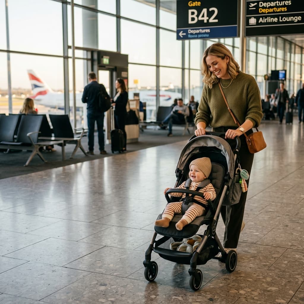 Mother wheeling a compact cabin stroller with a baby at the airport terminal