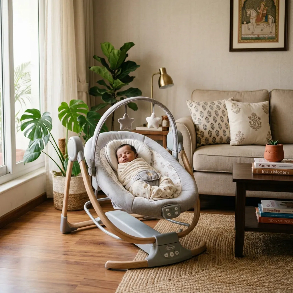 Automatic baby swing in a modern Indian living room with a sleeping newborn