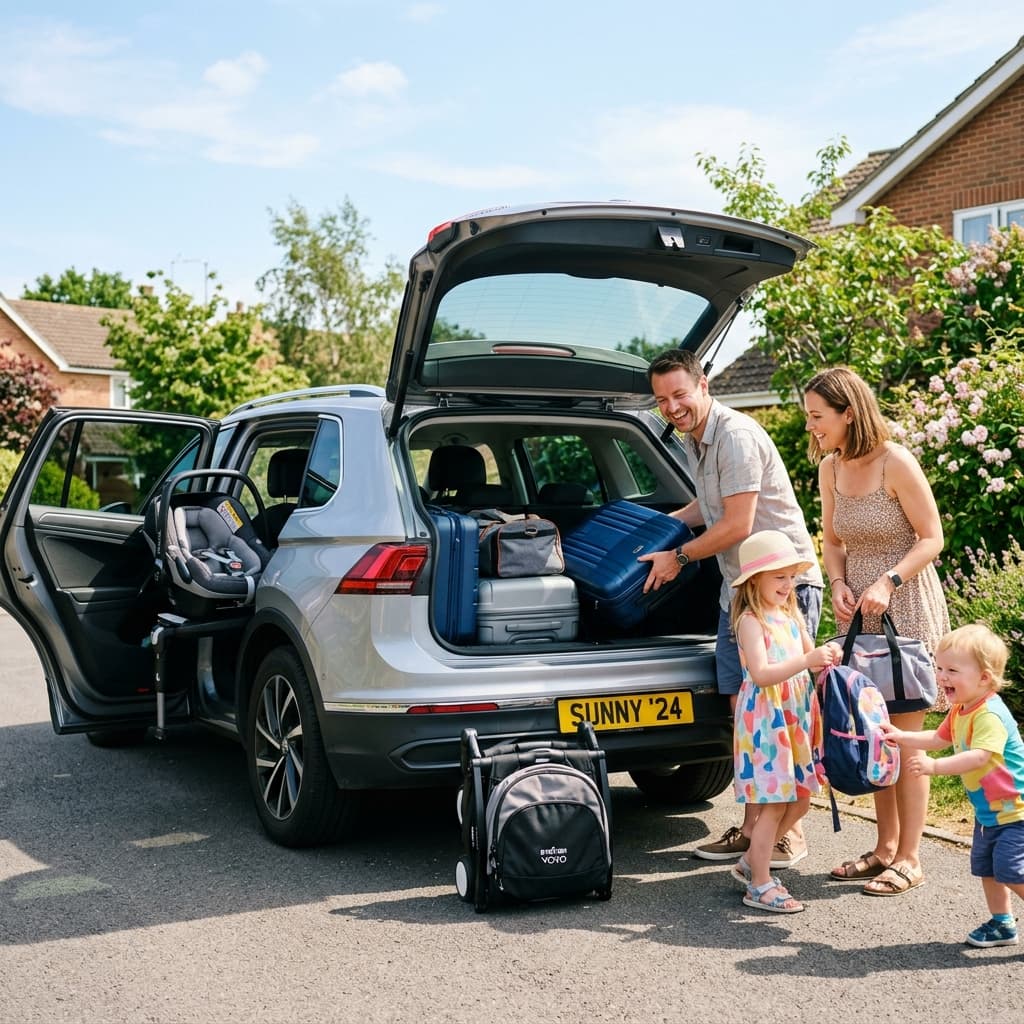 Happy family loading luggage and a baby stroller into the car boot for a road trip