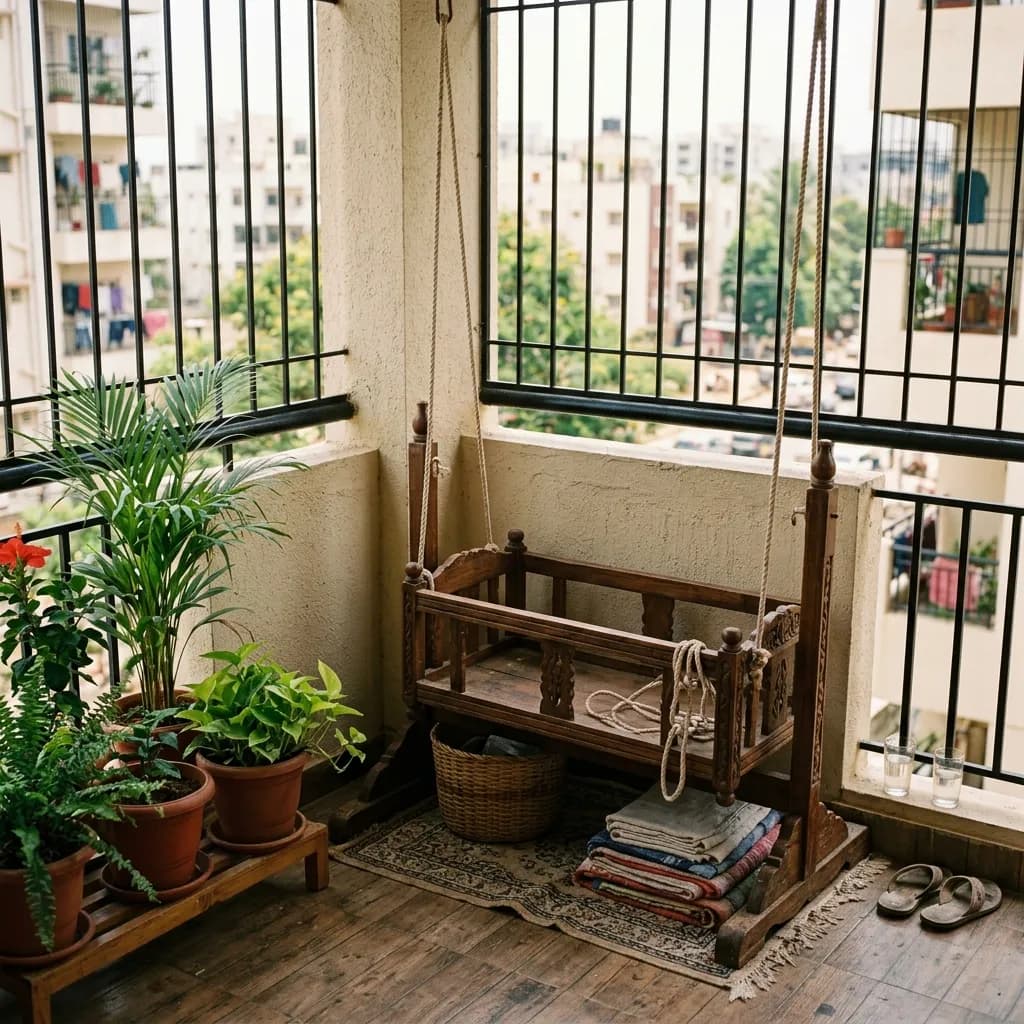 Unused baby cradle stored in an Indian apartment balcony illustrating short usage life