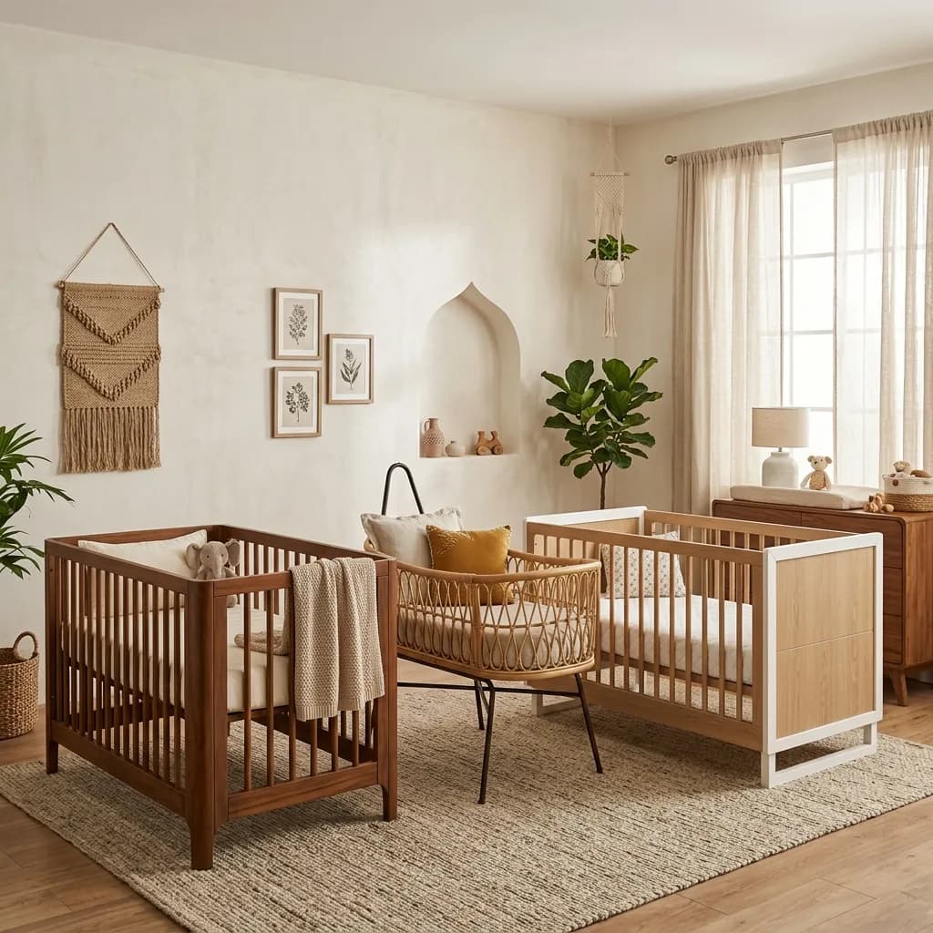 Side-by-side comparison of a baby crib, cradle, and cot in a modern Indian nursery