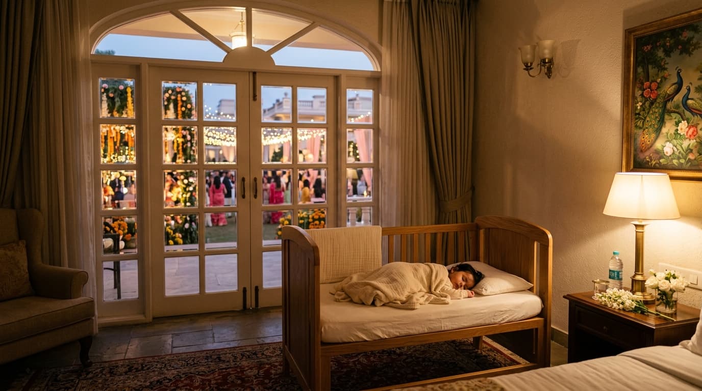 Peaceful quiet baby nursery sleep setup in a bridal suite overlooking an evening Indian farmhouse wedding reception