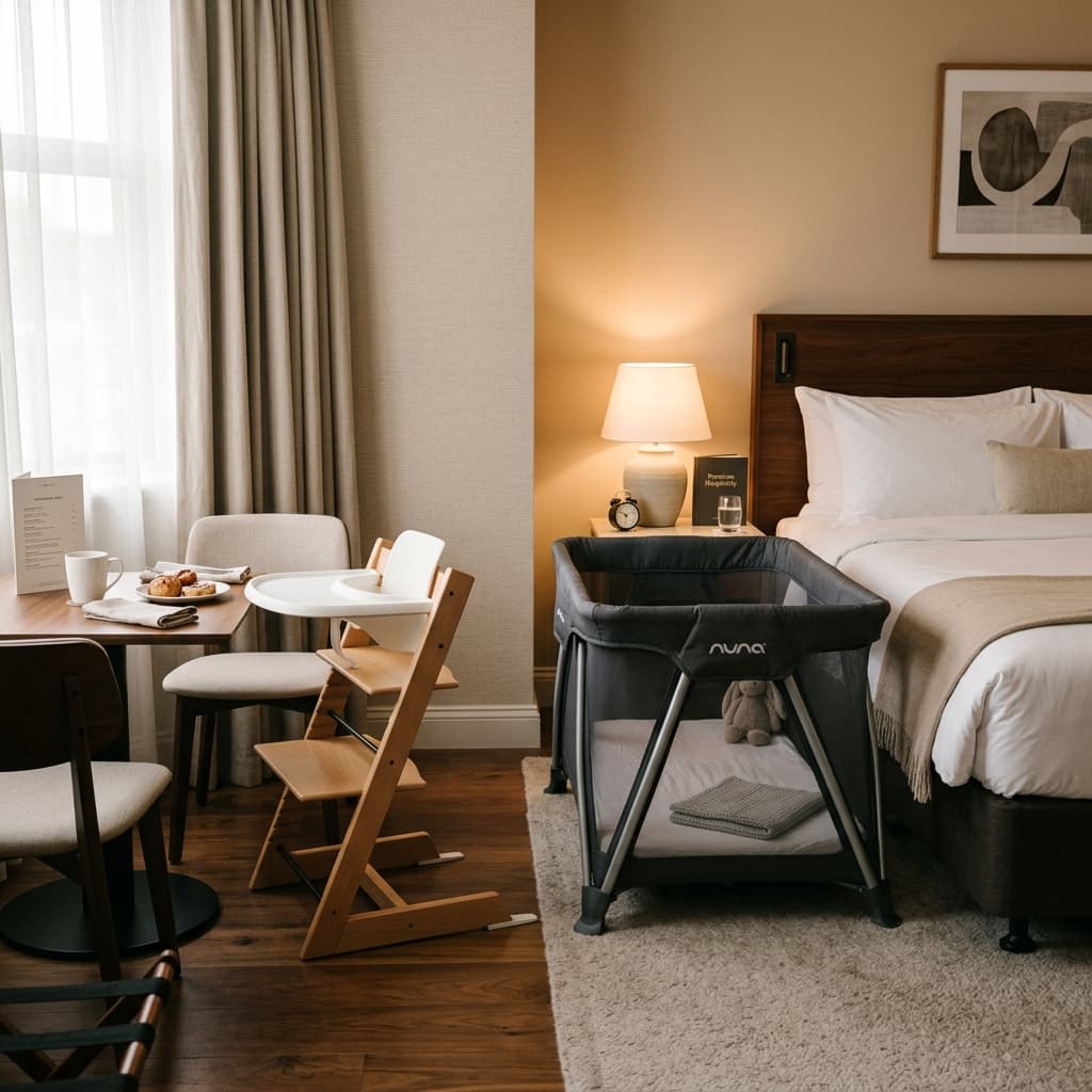 Hotel room corner arranged with a rented travel crib and a clean high chair