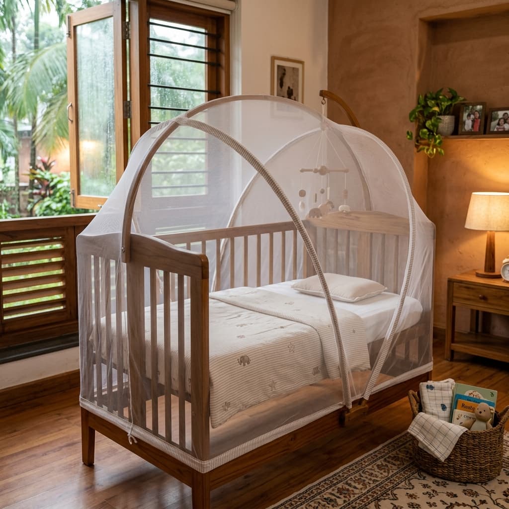 A wooden baby cot with a neat mosquito net in a cozy bedroom