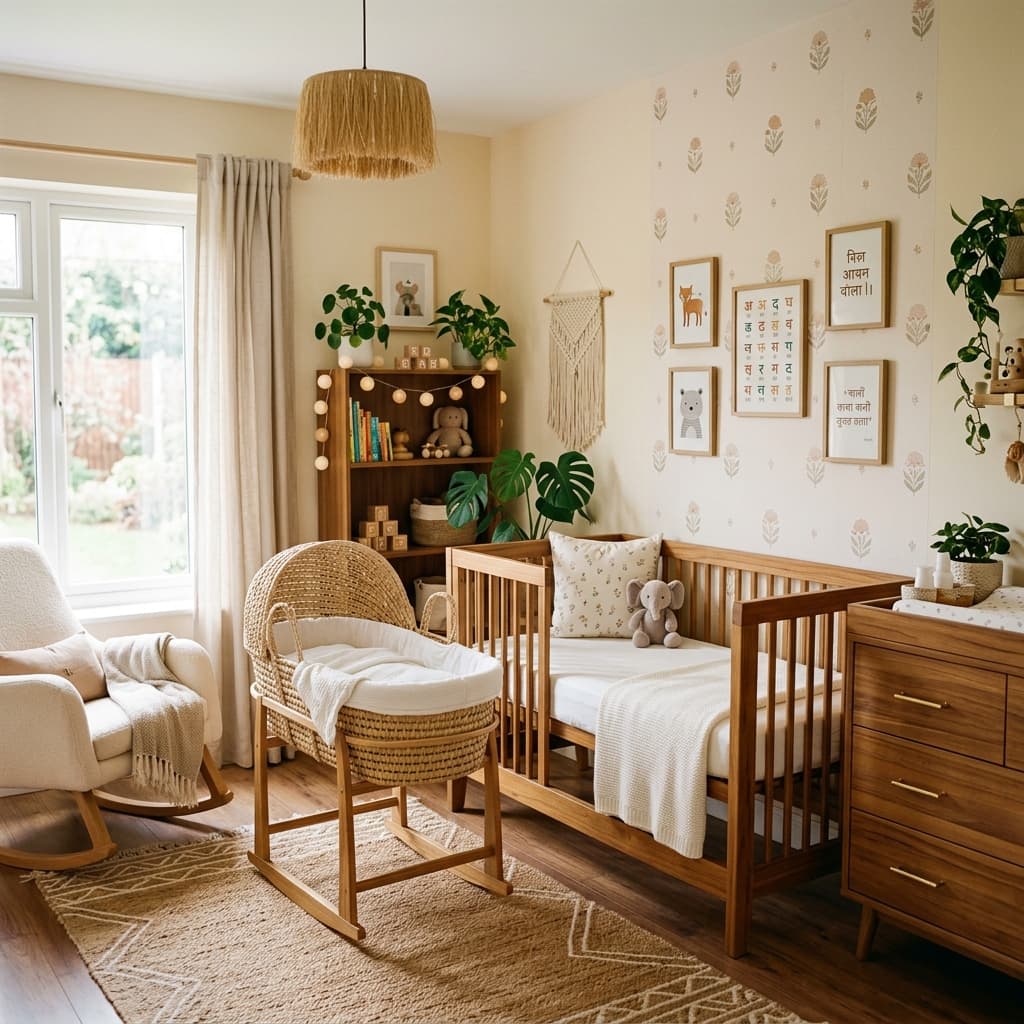 A serene nursery corner with a wooden baby crib and a modern baby rocker